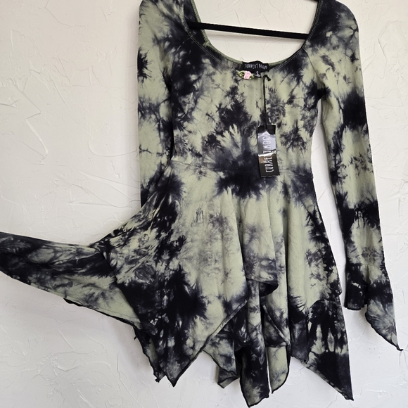 NWT Dolls Kill Current Mood Dyed Green Black Handkerchief Fairy Dress, S - Picture 5 of 9